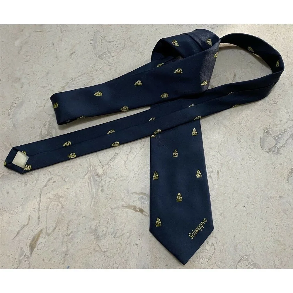 Vintage Mens Necktie Tie Schweppes Beverage Cratti Blue Gold